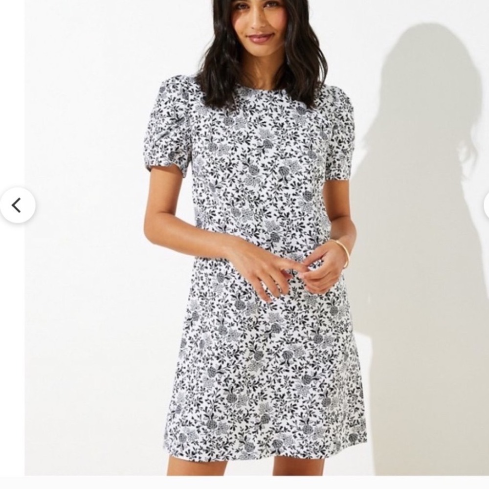 LOFT Linen Blend Floral Mini Dress Size 8 Black White Puff Sleeve Cottagecore